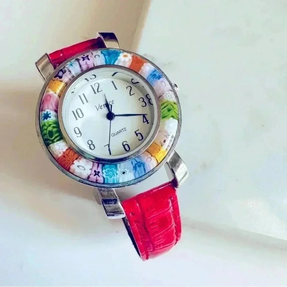 GlassOfVenice Serena Murano Millefiori Watch With Leather Band - Red